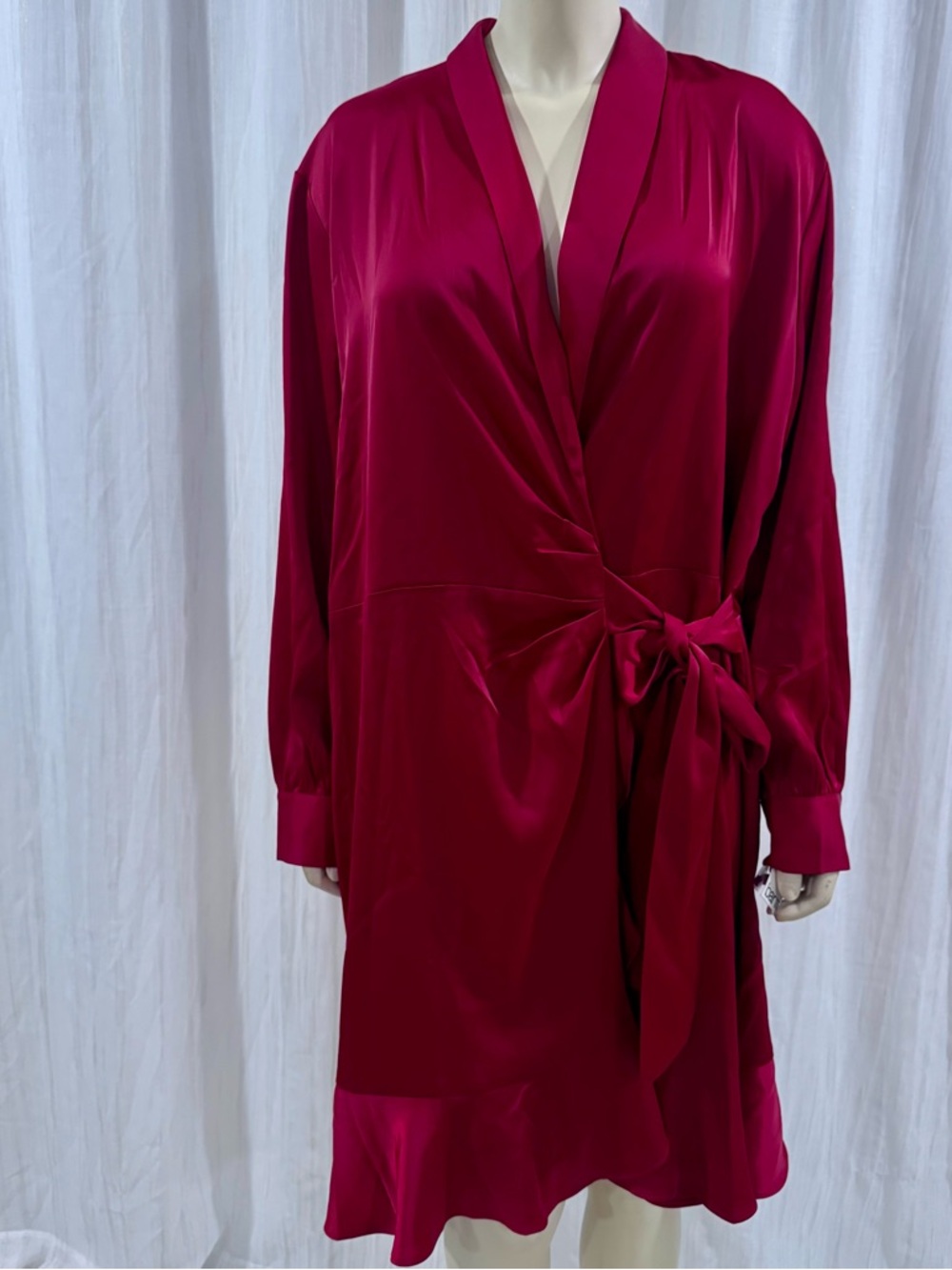 BAR III XL Satin Wrap Blouson Sleeve Deep Red Dress Ruffle Flattering Fit